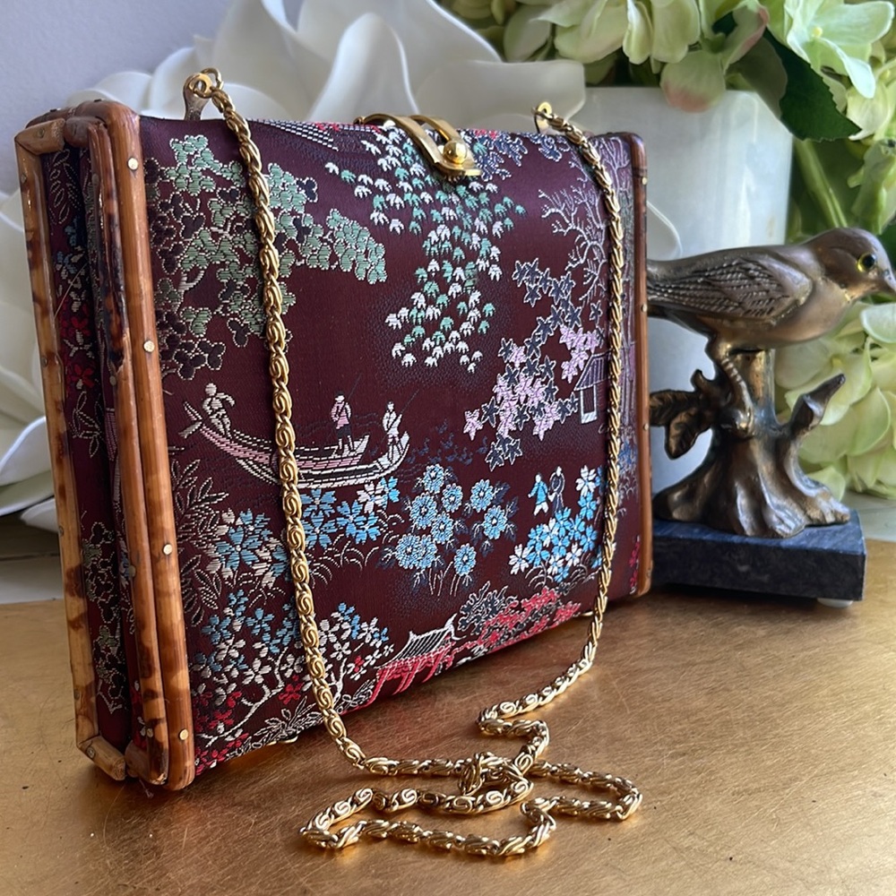 Vintage! Mister Ernest Tapestry and Tortoise Shell Bamboo Clutch Shoulder Bag